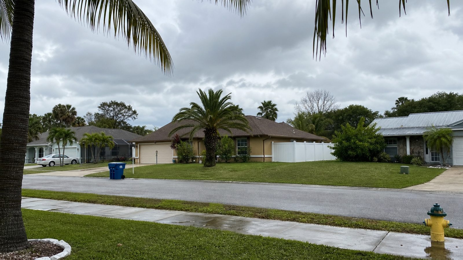 Florida residential street with palms, pool cages, storm clouds, humid afternoon, realistic neighborhood